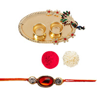 Accessher Traditional Ruby Beads Rakhi For Beloved Brother With Acrylic Peacock Pooja Thali Roli Kumkum Packets And Happy Rakshabandhan Card