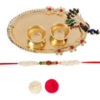 Accessher Mens Traditional Rudraksh Rakhi For Beloved Brother With Acrylic Peacock Pooja Thali, Roli Kumkum Packets And Happy Rakshabandhan Card