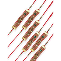 Accessher Mens Traditional & Religious Gold Plated Stylish Ganesha Rakhi For Brother Pack Of 6 With Roli Kumkum Packets And Happy Rakshabandhan Card