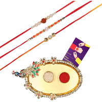 Accessher Traditional Gift Set Of 5 With Rudraksh & Beaded Rakhis Pack Of 3 For Brother With Peacock Pooja Thali, Roli Kumkum And Happy Rakshabandhan Card