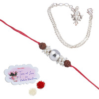 Jfl-Jewelleryforless Handmade Rakhi Combo Couple Pair Silver Bead With Rudraksh And Ganesha Charm Unisex Bracelet Silver Plated Set For Bhaiya Bhabhi With Roli Chawal And Written Greeting Note