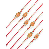 Accessher Traditional Gold Plated Elegant And Stylish Enamel Rakhi For Beloved Brother Pack Of 6 With Roli Kumkum Packets And Happy Rakshabandhan Card