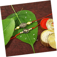 Peora Gold Plated Kundan Beads Studded Thread Rakhi For Brother Bhaiya Men With Roli & Chawal (Pack Of 2)