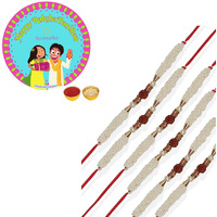 Accessher Mens Traditional Gold Plated Elegant Designer Rudraksh Rakhi For Brother Pack Of 6 With Roli, Kumkum Packets And Happy Rakshabandhan Card For Your Brother