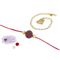 Jfl-Jewellery For Less Handmade Combo Couple Pair Panch Mukhi Rudraksh Rakhi & Gold Heart Charm Unisex Bracelet Set For Bhaiya Bhabhi With Roli Chawal Hand Written Greeting Note