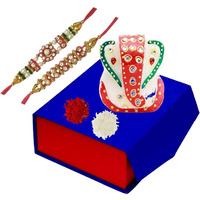 Purpledip Bhai Dooj Rakhi Gift Set: Small Ganesha Marble Statue, 2 Designer Rakshabandhan Bracelets, Roli Chawal Tika In A Classy Gift Box (Rakhi68)