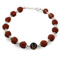 Parnika 925 Unisex Rudraksha Bracelet In Pure 92.5 Sterling Silver With Silver Flower Caps For Men Women Boys Girls | With Certificate Of Authenticity | Gift For Him N Her | Silver Rakhi | (Om)