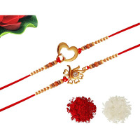 Rich And Famous Rakhi Combo Of 2 Heart Shape And American Diamond Studed Floral Shape Handmade Rakhi With Roli Chawal