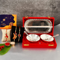 Yalambar Rakhi Gift For Brother And Bhabhi With Gift - Designer Rakhi With Rakshabandhan Special Brass Bowl With Velvet Box, Wishes Card And Roli Chawal -Yal-02-861