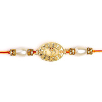 Accessher Mens Traditional Gold Plated Metallic Om Design Deity Inspired Rakhi For Beloved Brother Pack Of 1 With Roli Kumkum Packets And Happy Rakshabandhan Card