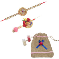 Alaukik Bhaiya - Bhabhi Handmade Rakhi/Stone Thread Rakhi For Bhaiya/Peacock Lumba Rakhi For Bhabhi/With Jute Bag Packaging/Roli And Chawal