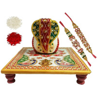 Purpledip Rakshabandhan Set For Brother: Large Marble Chowki Ganesha (6X6X5 Inch), Set Of 2 Designer Rakhi & Pack Of Roli Chawal Tika (Rakhi1D)