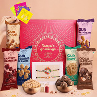 Healthy Treat Anmol Rishta Rakhi Gift Hamper | 9 Item Rakhi Hamper For Brother | Roasted Sweet Snacks, Berries, Hazelnut Dry-Fruit Laddoos, A Pair Of Rakhii, Roli Chawal, Stickers | Rakhi Set For Brother