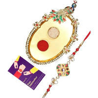 Accessher Traditional Enamel Rhinestone Rakhi Set For Brother With Acrylic Peacock Pooja Thali, Roli Kumkum & Happy Rakshabandhan Card