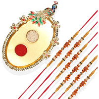 Accessher Elephant Design Rakhi Set For Brother Pack Of 6 Kids Rakhi With Peacock Pooja Thali, Roli Kumkum And Happy Raksha Bandhan Card