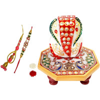 Purpledip Rakshabandhan Set: Bhai Rakhi Bracelet, Bhabhi Lumba Latkan, Roli Chawal Tika, Designer Marble Chowki Ganesha (Rakhi1Ec)