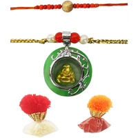 Mehrunnisa Set Of 2 Handmade Exquisite Jade Rotating Laughing Buddha & Dull Gold Bead Rakhi With Roli & Chawal (Rak922)