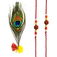 Mehrunnisa Set Of 2 Handmade Exquisite Rudraksh Rakhis With Peacock Feather Roli & Chawal (Rak975)