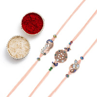 The Purple Tree Mens Rose Gold Meenakari Peacock Rakhis For Brother With Roli Chawal And Card (Pack Of 3) Rakhi For Bhai, Rakshabandhan Gift For Brother, Rakhi Gift