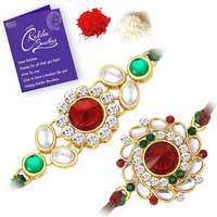 Sukkhi Rakhi For Brother Stylish Kundan Combo & Designer Gold Plated With Roli Chawal & Greeting Card Set Of 2|Cb73470