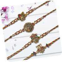 Ecraftindia Set Of 4 Lord Ganesha, Peacock, Krishna & Kalash Designer Rakhis With Roli Pack - Rakhi For Brother, Bhaiya, Bhai