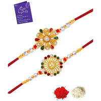 Sukkhi Rakhi Vintage Kundan Rakhi Combo & Designer Gold Plated Premium Rakhi For Brother, Roli Chawal & Greeting Card|Rakhi For Bhaiya|Rakhi For Men|Kundan Rakhi|Rakhi Combo-Set Of 2 |Cbrak104550