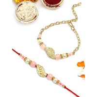 Karatcart Gold Plated Pink Beads Feather Kundan Bhiya Bhabhi Rakhi With Roli & Chawal