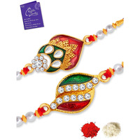 Sukkhi Rakhi Exquisite Kundan Rakhi Combo & Designer Gold Plated Premium Rakhi For Brother, Roli Chawal & Greeting Card|Rakhi For Bhaiya|Rakhi For Men|Kundan Rakhi|Rakhi Combo-Set Of 2 |Cbrak105009