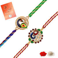 Mahi Combo Of 2 Peacock-Shaped Rakhi's With Meenakari Work And Shiny Crystals For Bhaiya, Brother, Bhai, Bro (Rco1105698G)