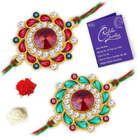 Sukkhi Rakhi Fashion Kundan Rakhi Combo & Designer Gold Plated Premium Rakhi For Brother, Roli Chawal & Greeting Card|Rakhi For Bhaiya|Rakhi For Men|Kundan Rakhi|Rakhi Combo-Set Of 2 |Cbrak104530