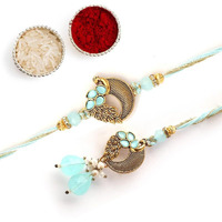 The Purple Tree Blue Peacock Rakhi For Bhaiya Bhabhi With Roli Chawal And Card (Pack Of 2), Handmade Rakhi, Rakshabandhan Gift For Sister In Law, Best Rakhi For Bhaiya Bhabhi
