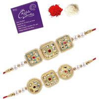Sukkhi Rakhi Charming Kundan & Beads Designer Meenakari Gold Plated Premium Rakhi For Brother With Roli Chawal & Greeting Card|Rakhi For Brother/Bhaiya/Bhai/Men|Rakhi Combo-Set Of 2|Cbrak106947