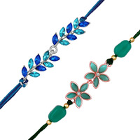 Mahi Leafy And Floral Shaped Combo Of 2 Rakhis For Bhai With Green And Blue Crystals (Rco1105528M)