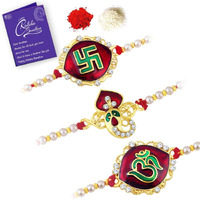 Sukkhi Distinctive Kundan Designer Gold Plated Premium Rakhi For Brother, Roli Chawal & Greeting Card|Combo-Set Of 3 |Cbrak82923)