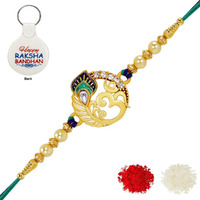 Riddhika Ventures Alluring Gold Plated Om And Peacock Rakhi Gifts (Set Of 1) For Brother, Sister, Bhaiya, Bhabhi With Roli Chawal And Greeting Card One Motivational Keychain (P3K)