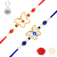 Riddhika Ventures Evil Eye Rakhi Protect From Negative Energy (Set Of 2) With Roli Chawal, Greeting Card And And One Motivational Keychain (T1U1K)