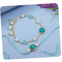 I Jewels Mens Traditional Pearl Beaded Bhaiya Bhabhi Lumba Rakhi/Bracelet With Roli Chawal And Rakshabandhan Card (R157Sb-Co)