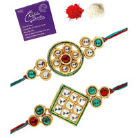 Sukkhi Rakhi Iconic Designer Kundan Meenakari Red Green Gold Plated Premium Rakhi For Brother With Roli Chawal & Greeting Card|Rakhi For Brother/Bhaiya/Bhai/Men|Rakhi Combo-Set Of 2|Cbrak106957