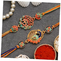 Ecraftindia Multicolor Set Of 2 Religious Om Symbol And Peacock Designer Rakhis With Roli Chawal Pack - Rakhis For Brothers