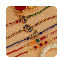 Ecraftindia Set Of 5 Rakhi Combo Hamper | Colorful Radha Krishna Peacock Feather Flower Pearl Designer Rakhis | Roli Chawal Pack | Raksha Bandhan Rakhi For Brother Bhaiya Bhai