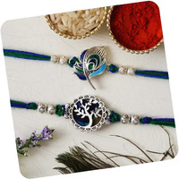 Ecraftindia Unisex Adult Set Of 2 Peacock Feather And Floral Designer Rakhis For Brothers With Roli Chawal Pack