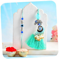 Craftvatika Evil Eye Rakhi Set For Brother And Bhabhi, Bhaiya Bhabhi Rakhi Set Of 2, Designer Couple Pair For Bhai, Premium Rakshabandhan Rakshasutra Rakhis For Women Men Brother,Best Wishes Card, Tilak Set