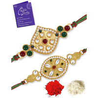 Sukkhi Rakhi Stylish Kundan Rakhi Combo & Designer Gold Plated Premium Rakhi For Brother, Roli Chawal & Greeting Card|Rakhi For Bhaiya|Rakhi For Men|Kundan Rakhi|Rakhi Combo-Set Of 2 |Cbrak105024