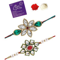 Sukkhi Rakhi Classical Kundan & Pearl Designer Green Meenakari Gold Plated Premium Rakhi For Brother With Roli Chawal & Greeting Card|Rakhi For Brother/Bhaiya/Bhai/Men|Rakhi Combo-Set Of 2|Cbrak106948