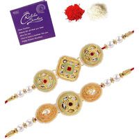 Sukkhi Rakhi Beautiful Kundan & Pearls Designer Meenakari Gold Plated Premium Rakhi For Brother With Roli Chawal & Greeting Card|Rakhi For Brother/Bhaiya/Bhai/Men|Rakhi Combo-Set Of 2|Cbrak106940