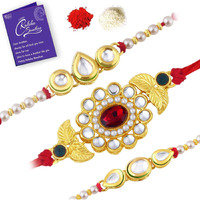 Sukkhi Gold Plated Rakhi Combo Set Of 3 With Roli Chawal And Greeting Card