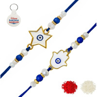 Riddhika Ventures Blue Evil Eye Rakhi Protect From Negative Energy (Set Of 2) With Roli Chawal, Greeting Card And And One Motivational Keychain (R1S1K)