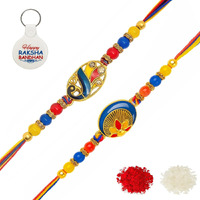 Riddhika Ventures Elegant Gold Plated Meenakari Rakhi (Set Of 2) With Roli Chawal, Greeting Card And And One Motivational Keychain (A1C1)