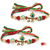 To The Nines Elegant Green Rakhi/Band For Beloved Brother With Tilak Material & Greeting Card - Pack Of 2 Rakhi