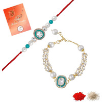 Mahi Unisex Adult Gold Plated Classic Kundan And Artificial Pearl Studded Ethnic Couple Rakhi Set For Bhaiya And Bhabhi (Rcol1105729G)